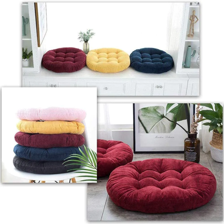 velvet Round Floor Cushions with ball fiber Filling - 2 pcs - Maroon