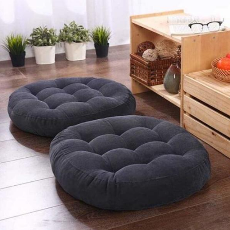 velvet Round Floor Cushions with ball fiber Filling - 2 pcs - Black