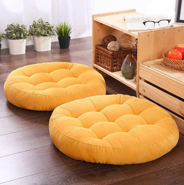 velvet Round Floor Cushions with ball fiber Filling - 2 pcs - Yellow
