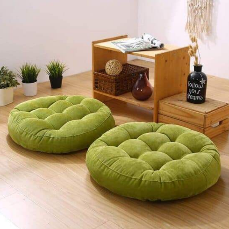 velvet Round Floor Cushions with ball fiber Filling - 2 pcs - Green