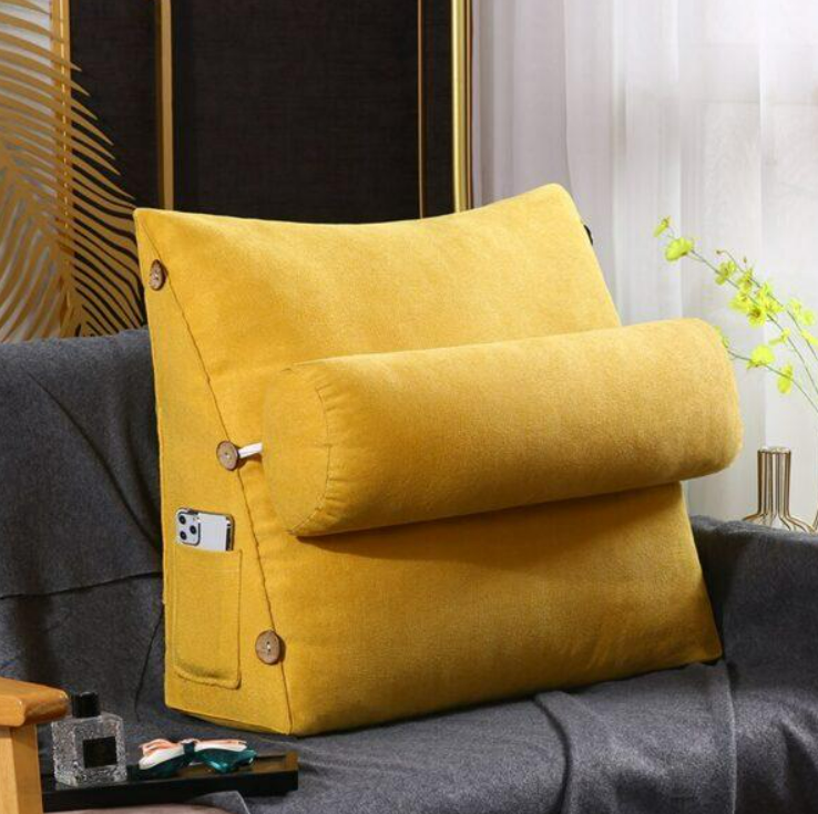 Velvet Triangular Backrest Cushion with Neck Rest Pillow- Yellow