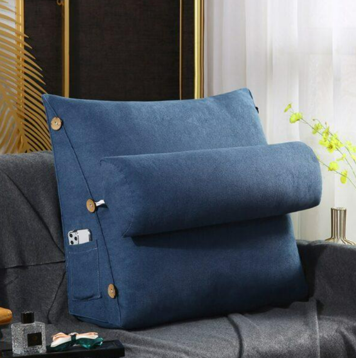 Velvet Triangular Backrest Cushion with Neck Rest Pillow- Blue