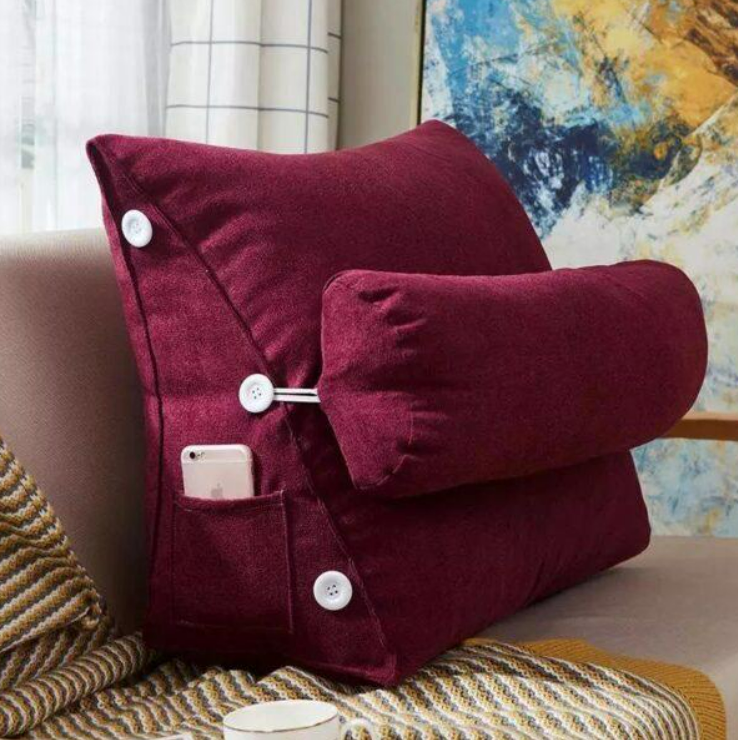 Velvet Triangular Backrest Cushion with Neck Rest Pillow- Maroon