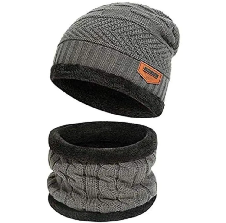 Unisex Wool Cap with Neck Warmer - Grey
