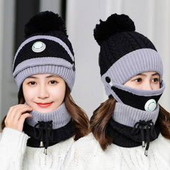 women cap with neck warmer and mask- 3 pcs - Black