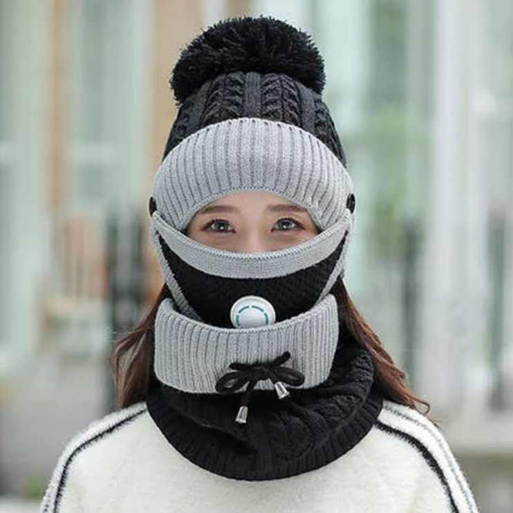 women cap with neck warmer and mask- 3 pcs - Black