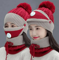 women cap with neck warmer and mask- 3 pcs - Red
