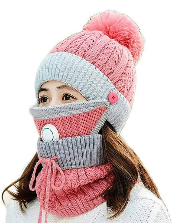 women cap with neck warmer and mask- 3 pcs - Pink