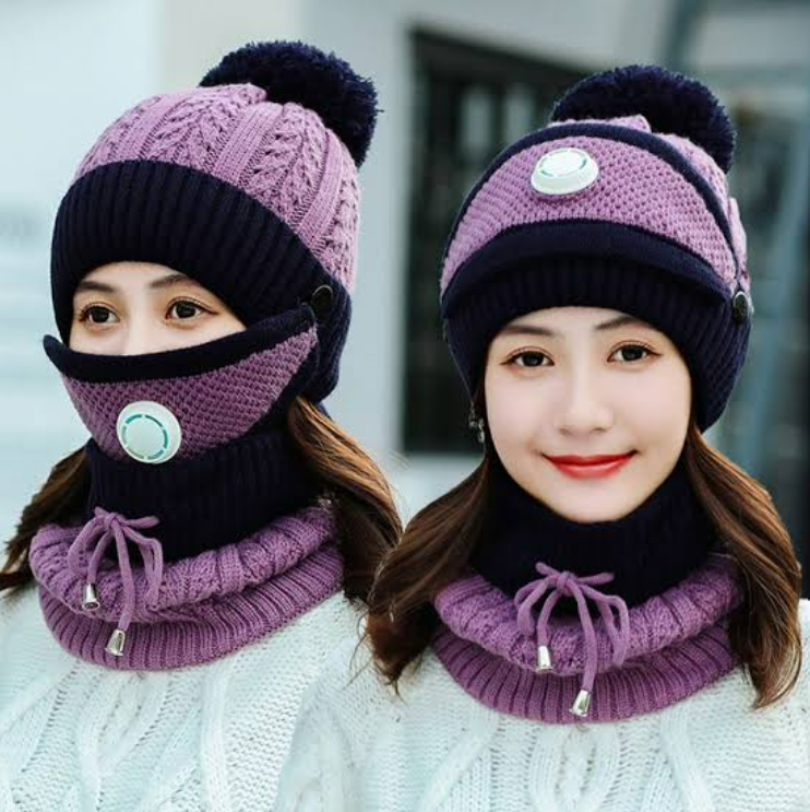 women cap with neck warmer and mask- 3 pcs - Purple
