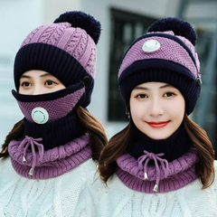 women cap with neck warmer and mask- 3 pcs - Purple
