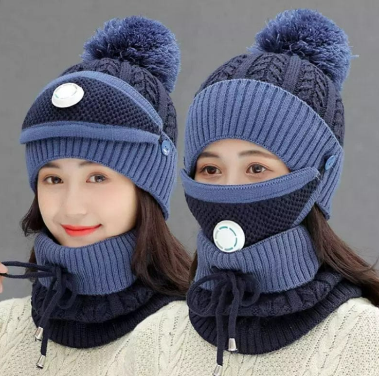 women cap with neck warmer and mask- 3 pcs - Blue