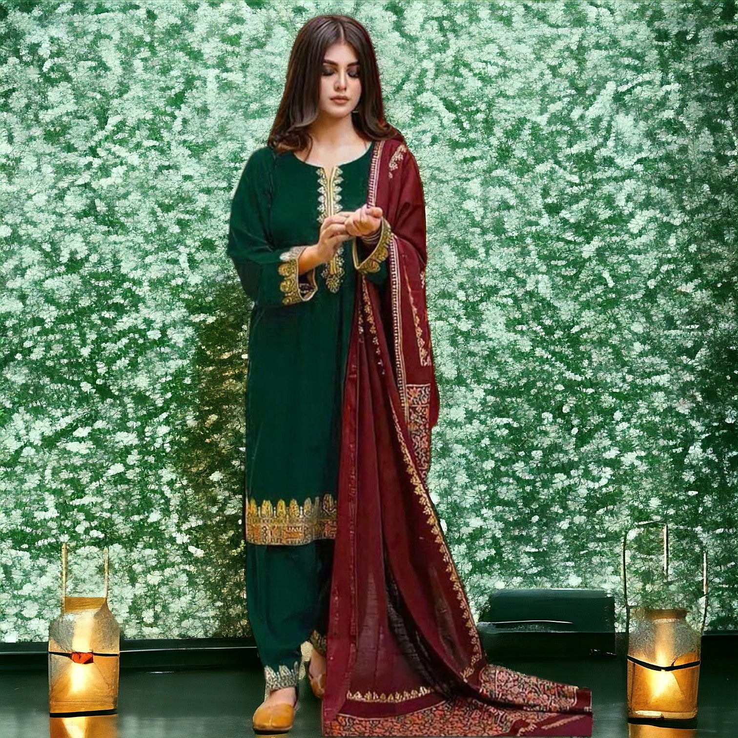 3 Pcs Suit-Fine Quality Lawn  with Embraided chiffon Dupatta